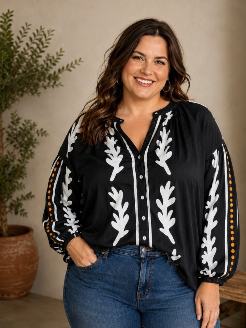 DR2 Black White Bold Graphic Print Cotton Long Sleeve Blouse  Plus Size 1X